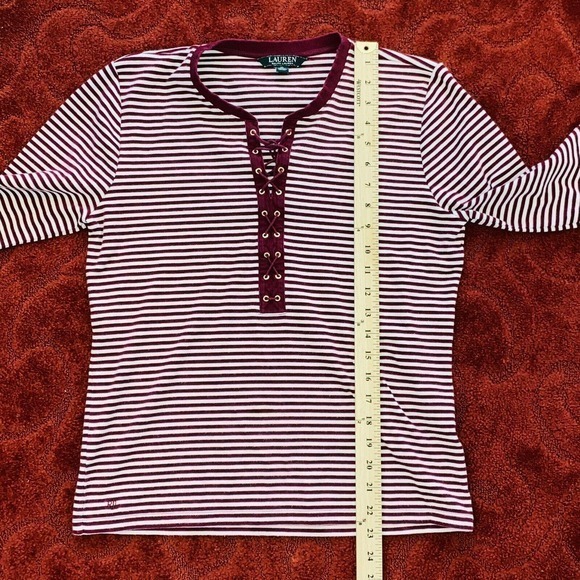Lauren Ralph Lauren Blouse Size XL Purple Striped Shoelace Tie Front Womens - Picture 6 of 7